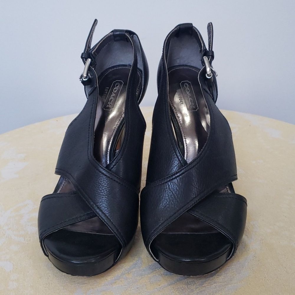 COACH Shoe Womens sz 6.5 Adelle Calf Black Sandal 4” Heel